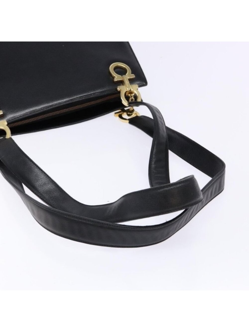 Authentic Salvatore Ferragamo Gancini Shoulder Bag Leather Black Gold - Picture 14 of 16